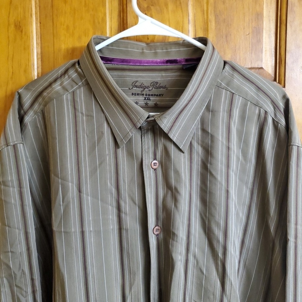 Indigo Palms XXL Button Down Shirt Mens Green Striped Tencel Long Sleeve Casual